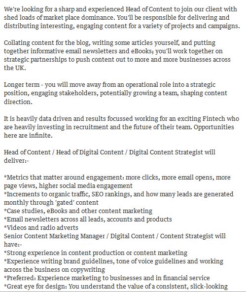 advert for a Head of Content